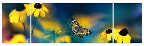 Obraz - Żółty motyl z kwiatami (170x50 cm)