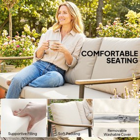 Outsunny Trzyosobowa sofa ogrodowa z rattanu z wyjmowanymi poduszkami, podłokietnikami w kolorze drewna, stalową ramą, khaki | Aosom PL