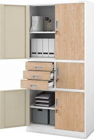 Biurowa szafa metalowa z sejfem biała / dąb sonoma: Eco Design FILIP II, 900 x 1850 x 400 mm
