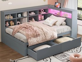 Kanapa z funkcją spania z litego drewna 90 x 200 cm - z schowkiem - z USB - z oświetleniem LED + z gniazdkiem - szara (bez materaca)