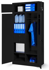 Wielokomorowa szafa socjalna z miejscem na ubrania BORYS, 900 x 1850 x 500, czarna