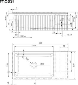 Umywalka betonowa ryflowana nablatowa / wisząca prostokątna 60 x 30 cm WELLE | różne kolory : Kolor - Popielaty, Typ montażu - nablatowa