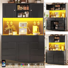 Wysoka komoda kuchenna - 120 x 40 x 183,5 cm - z diodami LED + USB + drzwi magnetyczne + 8 szuflad - MDF - czarna