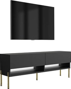 Szafka pod telewizor 140 cm Czarny Mat, nóżki proste złote, LED biały, 140 × 32 × 52 cm
