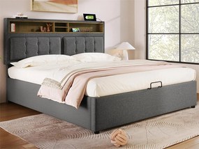 Łóżko tapicerowane 140x200 cm z lnu - regulowane wezgłowie z gniazdami - z stelażem na listwy - Szare