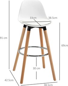 HOMCOM Zestaw 2 krzeseł barowych skandynawskich z podnóżkiem białe drewniane nowoczesne | Aosom PL