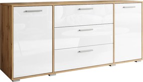 Nowoczesna komoda 150 cm do salonu – 3 szuflady i 2 szafki, korpus wotan mat, fronty białe połysk
