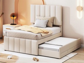 Łóżko wysuwane 90 x 190/200 cm z 3 szufladami - tkanina lniana - stelaż z listew - beż