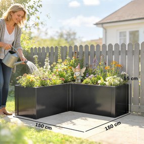 Outsunny Podwyższona grządka w kształcie litery L, odporna na warunki atmosferyczne, wykonana z ocynkowanej stali, 150 x 150 x 55 cm, czarna | Aosom PL