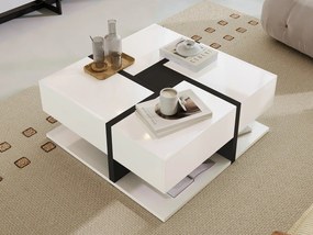 Stolik kawowy kwadratowy z połyskiem i 4 szufladami, Płyta wiórowa, Biały, 78 x 78 x 36 cm