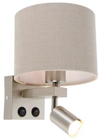 Stalowa lampa ścienna z lampką do czytania i kloszem 18 cm jasnobrązowa - Brescia Nowoczesny Oswietlenie wewnetrzne