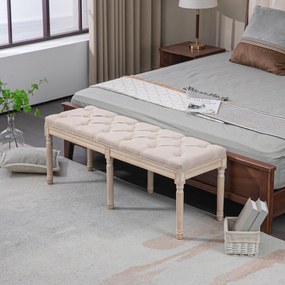 HOMCOM Pufa Tapicerowana Vintage 117x40x48cm Beżowa z Guzikami Wykończenie Lniane Wytrzymała do 120kg do Sypialni | Aosom PL