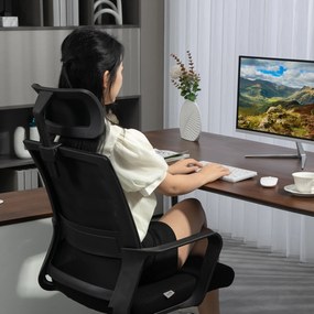 HOMCOM Fotel Biurowy, Regulowany Fotel z Podpórką Głowy, Obrotowe Krzesło do Home Office, Czarny