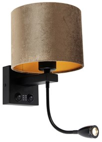 Lampa ścienna czarna z brązowym aksamitnym abażurem 18 cm - Brescia klasyczny/Antyczny Oswietlenie wewnetrzne