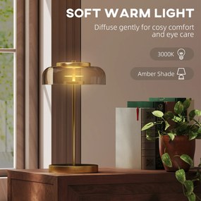 HOMCOM Lampka stołowa z ciepłym światłem LED, metalowa podstawa, bursztynowy szklany klosz, Ø23 x 40H cm, złota