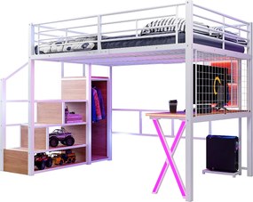 Łóżko antresola 140 x 200 cm z biurkiem, szafą, półkami - Oświetlenie ambientowe - Metal - Białe (bez materaca)