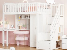 Łóżko na antresoli 90x200 cm - z szafą i biurkiem - drewniana rama łóżka - Biały