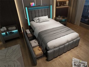 Łóżko z 2 szufladami 90x200cm tapicerowane lnem - z funkcją ładowania i oświetleniem LED - Szare