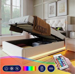Łóżko z pojemnikiem 90 x 200 cm i zagłówkiem - Gniazda USB i Type-C - Diody LED - Tkanina bawełniana - Beżowe (bez materaca)