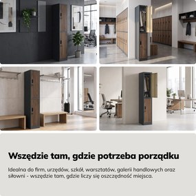Szafka BHP ubraniowa, pracownicza, pojedyncza, 2 skrytki z drążkiem, antracytowa/orzech, 316,5x1850x450 mm: IGOR 1 Plus Eco Design