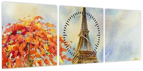 Malowany obraz Wieży Eiffla (z zegarem) (90x30 cm)