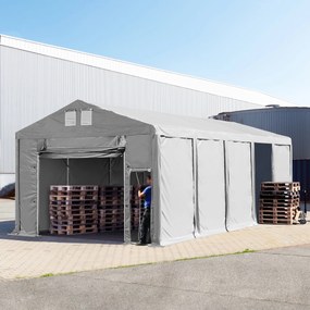 TOOLPORT 5x10m Namiot magazynowy - 3,0 m wysokość ścian bocznych z podciąganą do góry bramą, PVC 850, szary, ze statyką (podłoże betonowe) - (94019)