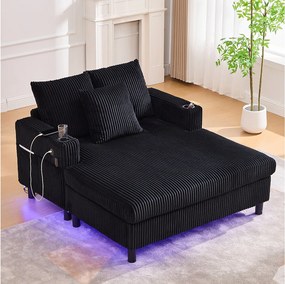 Sofa 3-osobowa rozkładana - 142 x 128 x 85 cm - z uchwytami na kubki + porty USB + diody LED - aksamitna - czarna