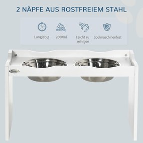 PawHut Stacja Karmienia, Podstawa na Miseczki, 2 Miseczki po 2 litry, Stal Nierdzewna, dla dużych psów, biały, 63 x 30 x 38 cm
