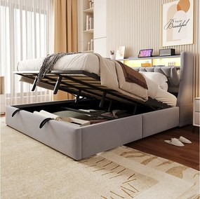 Łóżko tapicerowane ze schowkiem - 180 x 200 cm - hydrauliczne - składany zagłówek ze schowkiem + diody LED - MDF - jasnoszary