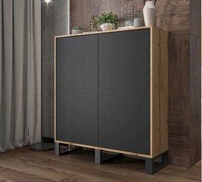 Komoda z 4 drzwiami – korpus dąb wotan, fronty czarne mat – 113 cm, metalowe nogi