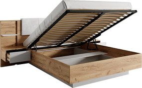 Łóżko ze skrzynią i szafkami nocnymi 160 x 200 cm - Z oświetleniem LED - Naturalny i biały + Materac - ELYNIA