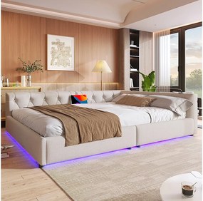 Sofa rozkładana 140x200 cm, beżowy len, łóżko dla dorosłych z oświetleniem LED i portem USB, stelaż z listew - bez materaca