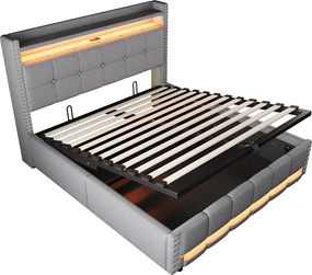 Łóżko ze schowkiem 160 x 200 cm - Jasnoszary len - Łóżko dwuosobowe z oświetleniem LED i portem USB - bez materaca