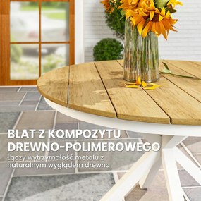 Outsunny Stół Ogrodowy Ø118cm, Wodoodporny Stół Balkonowy z Aluminium, Krzyżujące się nogi z projektem Lamel Teak