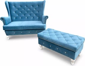 Skandynawski zestaw tapicerowany - sofa uszak 2 osobowa z podnóżkiem 90 cm