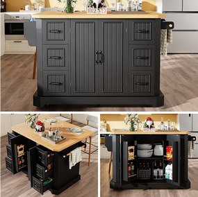 Mobilna wyspa kuchenna ze składanym stołem - 120 x 45/75 cm x 91 cm - z 2 drzwiami + 6 szufladami - MDF - czarna