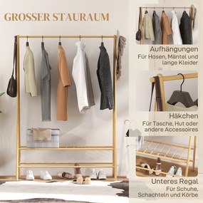 HOMCOM Wieszak na Ubrania z Bambusa z Półką na Buty i Hakami, Wolnostojący, do Przedpokoju, Sypialni, Drewno Naturalne