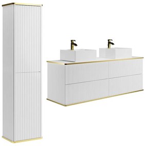 Podwieszana szafka łazienkowa prążkowana z podwójną kwadratową umywalką nablatową i słupkiem - Biała - 150 cm - KELIZA