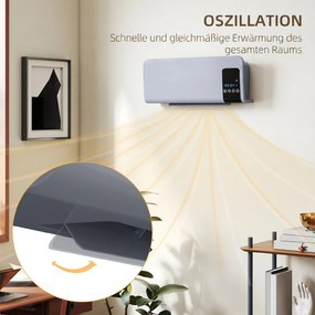 HOMCOM Elektryczne ogrzewanie, montaż na ścianie, funkcja oscylacji, 2 tryby, timer, wyświetlacz LED, szary | Aosom PL