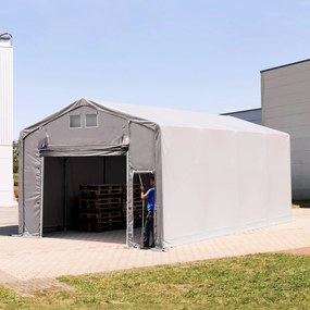TOOLPORT 5x8m Hala namiotowa - 3,0 m wysokość ścian bocznych z podciąganą do góry bramą, PRIMEtex 2300, szary, ze statyką (podłoże gruntowe) - (93959)
