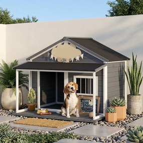 PawHut Domek dla psa na zewnątrz, z werandą, odporny na warunki pogodowe, 124 cm x 112 cm x 105 cm, Szary + Biały