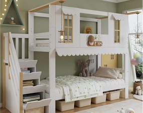 Łóżko piętrowe 90×200 cm - schody ze schowkiem - z ozdobnymi oknami - z 2 dekoracjami z filcu - Drewno lite + MDF - białe