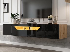 Szafka RTV 180x37x36cm - z 2 drzwiami - z oświetleniem LED - do telewizorów 75" - czarna i naturalna