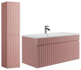 Wisząca szafka łazienkowa w kolorze różowym z prążkowaną fakturą, z wpuszczaną umywalką i słupkiem – 100 cm – SATARA