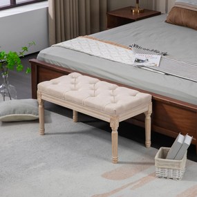 HOMCOM Pufa Tapicerowana Vintage 80x40x43cm Beżowa z Guzikami Wykończenie Lniane Wytrzymała do 120kg do Sypialni | Aosom PL