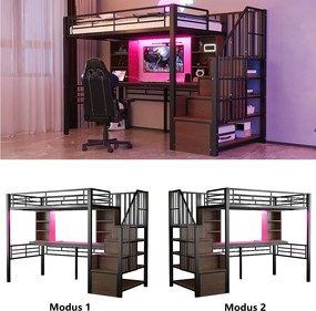 Łóżko piętrowe metalowe dla dzieci - 90 x 200 cm - z drabinką + półki + stolik + diody LED - czarne