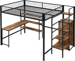 Łóżko górskie 140 x 200 cm – z półkami, stelażem – czarno-brązowe – materac nie jest wliczony w cenę