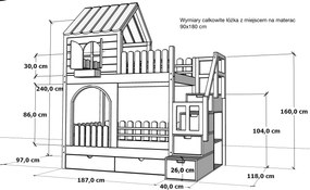 Łóżko piętrowe domek Marulla 114P z połową dachu, owalnymi oknami, płotkami i schodami