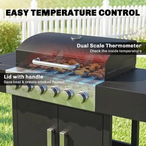 Outsunny Grill gazowy 17,8 kW 6+1 palników Wózek BBQ ze stali nierdzewnej z kółkami Palnik boczny Termometr Emaliowany ruszt | Aosom PL