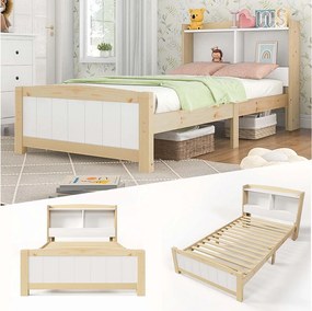 Łóżko dziecięce z litego drewna z głową do przechowywania + stelaż na listwy - 90x200cm - naturalne i białe